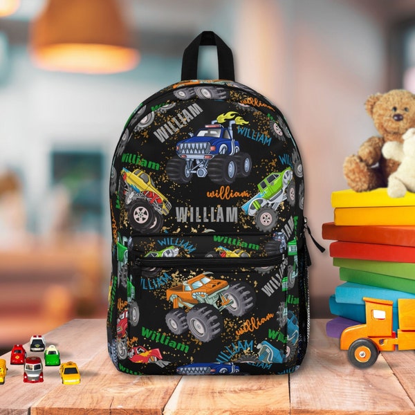 Personalized Monster Truck Backpack, Custom Name Gift for Toddler Boy, Off Road Truck Lover Christmas Birthday Back to School Gift for Kids