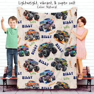 Monster Truck Custom Blanket Gift for Kids, Personalized Gift for Toddler Boy, Christmas Birthday Truck Lover Gift, Custom Kids Blanket