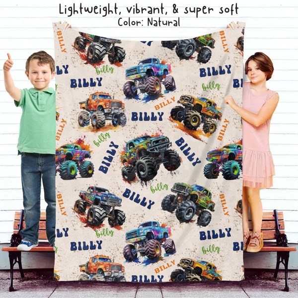 Monster Truck Custom Blanket Gift for Kids, Personalized Gift for Toddler Boy, Christmas Birthday Truck Lover Gift, Custom Kids Blanket