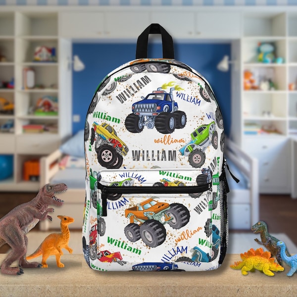 Personalized Monster Truck Backpack, Custom Name Gift for Toddler Boy, Off Road Truck Lover Christmas Birthday Back to School Gift for Kids