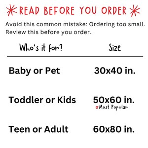 May include: A chart showing different sizes for a product, with the size options listed as "Baby or Pet", "Toddler or Kids", and "Teen or Adult". The corresponding sizes are 30x40 inches, 50x60 inches, and 60x80 inches. The 50x60 inch size is marked as "Most Popular".