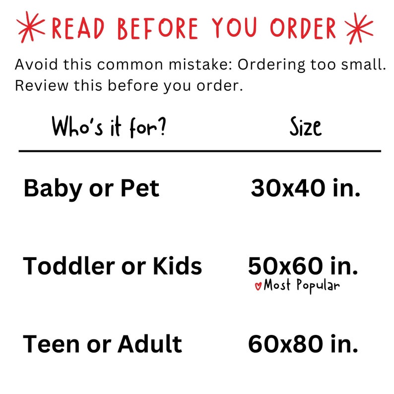 May include: A chart showing different sizes for a product, with the size options listed as "Baby or Pet", "Toddler or Kids", and "Teen or Adult". The corresponding sizes are 30x40 inches, 50x60 inches, and 60x80 inches. The 50x60 inch size is marked as "Most Popular".