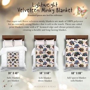 May include: Three plush blankets with a monster truck print in various sizes: 30" x 40", 50" x 60", and 60" x 80". The blankets are made of soft velveteen minky fabric and are described as baby, kids, and full/queen blankets.