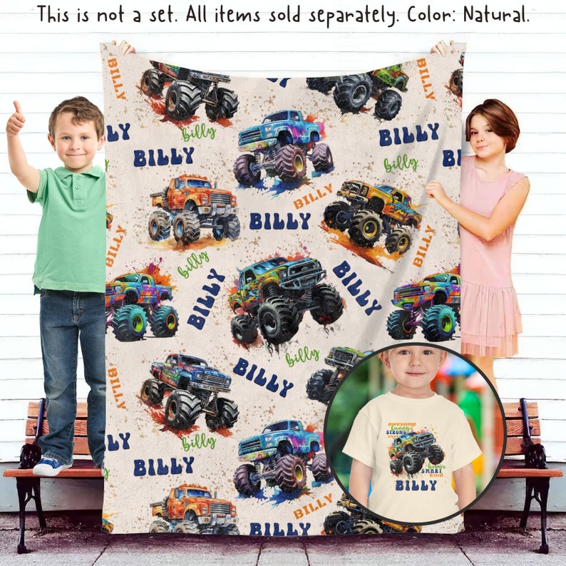 May include: A cream-colored fleece blanket with a repeating pattern of colorful monster trucks. The trucks are decorated with paint splatters and the name "Billy" is printed on each truck. The text "This is not a set. All items sold separately. Color: Natural." is printed at the top of the blanket.