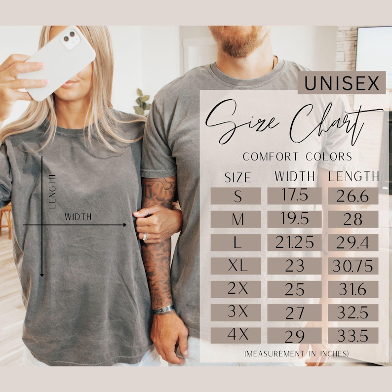 May include: Two people wearing gray unisex t-shirts. The image includes a size chart with measurements in inches for width and length, ranging from size S to 4X. The chart is labeled "Comfort Colors."
