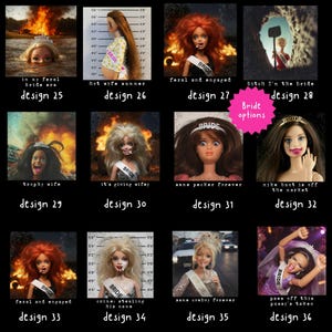 May include: A collage of 12 images featuring Barbie dolls in various humorous scenarios. The dolls are styled with wedding-themed accessories, sashes that say "BRIDE", and tiaras. Each image has a unique caption, such as "in my feral bride era" and "trophy wife".
