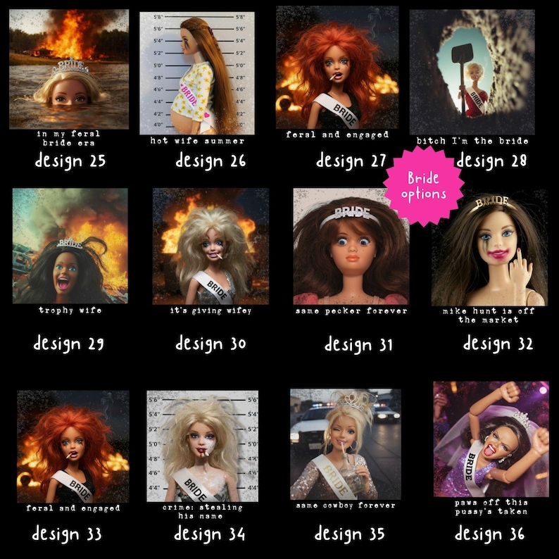 May include: A collage of 12 images featuring Barbie dolls in various humorous scenarios. The dolls are styled with wedding-themed accessories, sashes that say "BRIDE", and tiaras. Each image has a unique caption, such as "in my feral bride era" and "trophy wife".