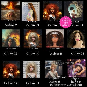 May include: A collage of images featuring Barbie dolls in various scenarios, each with a "BRIDE" sash or tiara. The images include custom text options and a range of themes, from a burning background to a mugshot.