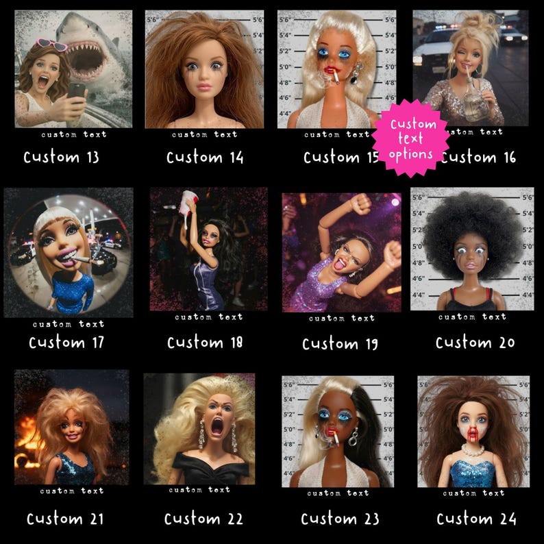 May include: A collage of twelve doll portraits, each with unique expressions and styles. The dolls are arranged in a grid, with text labels like "Custom 13" to "Custom 24" below each image. The dolls have various hairstyles and makeup.