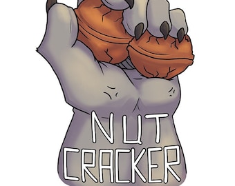 May include: A cartoon illustration of a gray hand with claws holding two walnuts. The hand is labeled "NUT CRACKER".