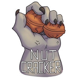 Peut inclure: Une illustration de dessin animé d'une main grise avec des griffes tenant deux noix. La main est étiquetée "NUT CRACKER".