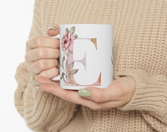 Letter E Floral Alphabet Coffee Mug | Name Begins with E | Initial Mug | Initial Coffee Cup | Birthday Gift | Watercolor Flowers Mug | 11oz