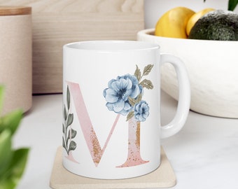 Letter M Floral Alphabet Coffee Mug | Name Begins with M | Initial Mug | Initial Coffee Cup | Birthday Gift | Watercolor Flowers Mug | 11oz