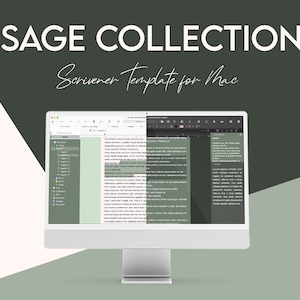 Könnte beinhalten: Ein Screenshot eines Computerbildschirms, der die Sage Collection Scrivener-Vorlage für Mac zeigt. Der Bildschirm zeigt links ein Dateiorganisationssystem und rechts einen Texteditor. Der Texteditor zeigt ein Textbeispiel.