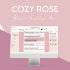 Puede incluir: Una captura de pantalla de una computadora que muestra la plantilla de Scrivener "Cozy Rose" para Mac. La plantilla está diseñada para escribir e incluye una barra lateral con una estructura de carpetas y una ventana principal con texto.