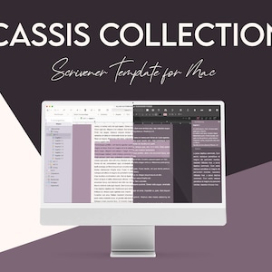 Könnte beinhalten: Ein Screenshot eines Computerbildschirms, der die Schreibsoftware Scrivener zeigt. Der Bildschirm zeigt auf der linken Seite eine Ordnerstruktur und auf der rechten Seite ein Dokument mit Text. Der Titel des Dokuments lautet "CASSIS COLLECTION Scrivener Template for Mac".