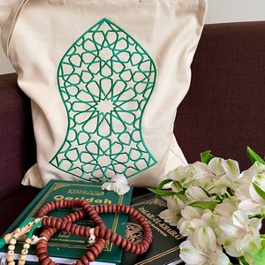Sac fourre-tout réutilisable en coton avec fermeture éclair et petite poche intérieure. Motif soufi brodé NaLayn, sandale prophétique