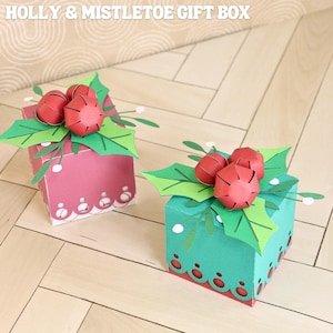 File SVG per scatola regalo agrifoglio e vischio, progetto Cricut di Natale, file Silhouette Cameo 3D, scatola bomboniera per le feste, modello per scatola dolcetti,