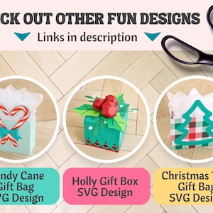 Puede incluir: Tres dise&ntilde;os diferentes de bolsas de regalo de Navidad. La primera es una bolsa de regalo de bast&oacute;n de caramelo, la segunda es una caja de regalo de acebo y la tercera es una bolsa de regalo de &aacute;rbol de Navidad. Los tres dise&ntilde;os est&aacute;n en un esquema de color festivo y son perfectos para agregar un toque de alegr&iacute;a navide&ntilde;a a tus regalos.