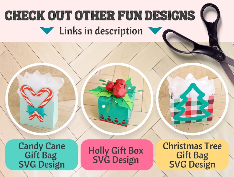 Puede incluir: Tres dise&ntilde;os diferentes de bolsas de regalo de Navidad. La primera es una bolsa de regalo de bast&oacute;n de caramelo, la segunda es una caja de regalo de acebo y la tercera es una bolsa de regalo de &aacute;rbol de Navidad. Los tres dise&ntilde;os est&aacute;n en un esquema de color festivo y son perfectos para agregar un toque de alegr&iacute;a navide&ntilde;a a tus regalos.