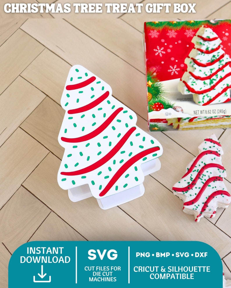 Puede incluir: Una caja de regalo de golosinas con forma de &aacute;rbol de Navidad con fondo blanco y dise&ntilde;o de &aacute;rbol de Navidad rojo y verde. La caja est&aacute; etiquetada "NET WT 8.62 OZ (245g)".