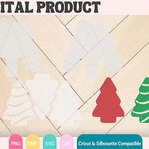 Puede incluir: Archivos de corte digital para un &aacute;rbol de Navidad, un &aacute;rbol de Navidad rojo, un &aacute;rbol de Navidad verde y una caja. Los archivos son compatibles con las m&aacute;quinas de corte Cricut y Silhouette. La imagen incluye el texto "Producto digital", "PNG", "BMP", "SVG", "DXF", "Compatible con Cricut & Silhouette".