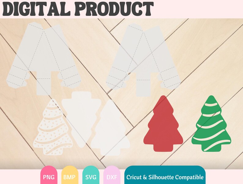 Puede incluir: Archivos de corte digital para un &aacute;rbol de Navidad, un &aacute;rbol de Navidad rojo, un &aacute;rbol de Navidad verde y una caja. Los archivos son compatibles con las m&aacute;quinas de corte Cricut y Silhouette. La imagen incluye el texto "Producto digital", "PNG", "BMP", "SVG", "DXF", "Compatible con Cricut & Silhouette".