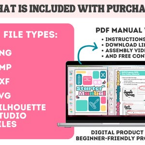 Puede incluir: Una lista de productos digitales para un proyecto f&aacute;cil de realizar. La imagen muestra una pantalla de computadora port&aacute;til que muestra un manual PDF con instrucciones, un enlace de descarga, un video de montaje y contenido gratuito. Los tipos de archivos incluidos son PNG, BMP, DXF, SVG y archivos de Silhouette Studio.