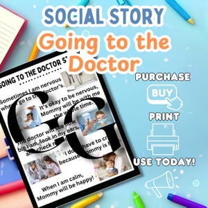 Op de afbeelding: Een kleurrijk sociaal verhaal voor kinderen over naar de dokter gaan. Het verhaal bevat afbeeldingen van een dokter die een kind onderzoekt, een kind met een masker en een kind met zijn ouder. De tekst op de pagina zegt "Naar de dokter gaan" en "Soms ben ik nerveus als ik naar de dokter ga. Het is oké om nerveus te zijn, mama is de hele tijd bij me."