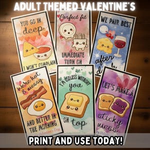May include: A collection of Valentine's Day cards with playful illustrations and text. The cards feature food-themed characters and phrases like "You go in deep," "Perfect fit," and "Let's make a sticky mess." The cards are designed for adult use.