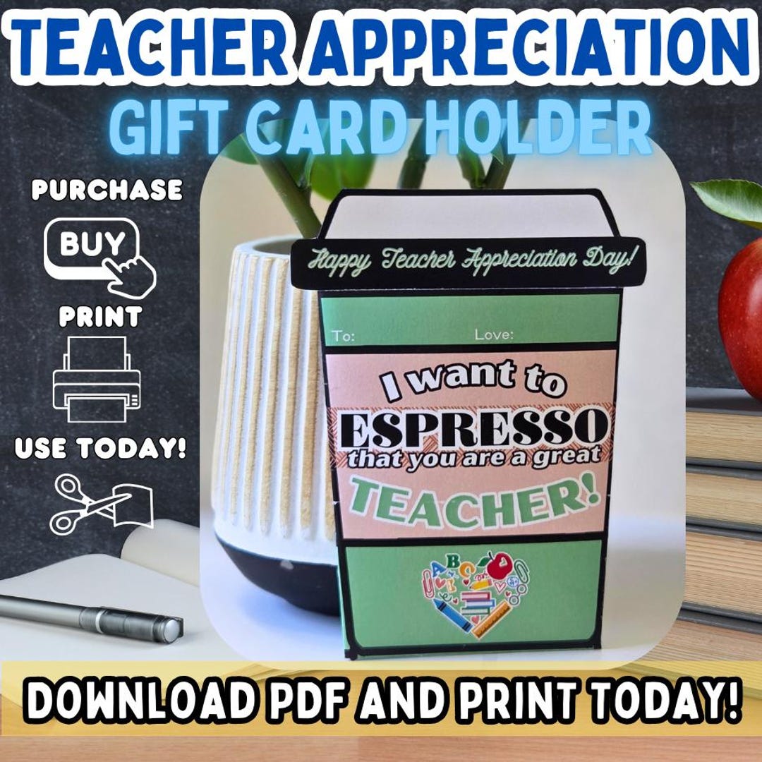 Teacher Appreciation Printable Gift Card Holder Coffee Cup, Gift for ...