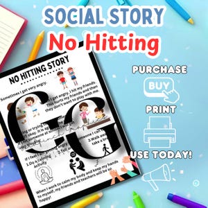 Op de afbeelding: Een printbaar sociaal verhaal voor kinderen over hoe om te gaan met woede en slaan te vermijden. Het verhaal bevat illustraties van kinderen en de tekst "No Hitting Story" en "Sometimes I get very angry."