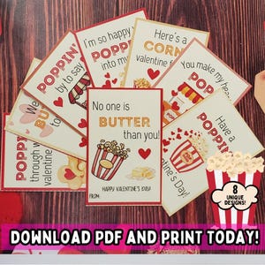 Peut inclure: Ensemble de cartes de Saint-Valentin sur le thème du pop-corn. Les cartes présentent des phrases telles que « Personne n'est MEILLEUR que toi ! » et « Passez une Saint-Valentin POPPIN' ! » avec des seaux de pop-corn rayés rouges et blancs et des cœurs.