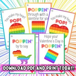 Może przedstawiać: Zestaw drukowanych kartek walentynkowych z wzorem tęczowej zabawki pop-it. Kartki mają różne wiadomości, w tym "Robisz, że moje serce POP!" i "Mam nadzieję, że Twój Dzień Zakochanych będzie POPPIN'!".