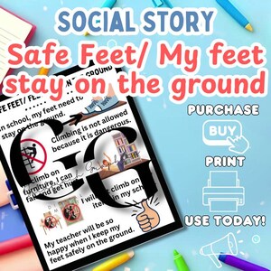 Op de afbeelding: Een sociaal verhaal getiteld "Safe Feet/ Mijn voeten blijven op de grond" met illustraties en tekst over veiligheid. De afbeelding bevat de woorden "Kopen", "Afdrukken" en "Vandaag gebruiken!"