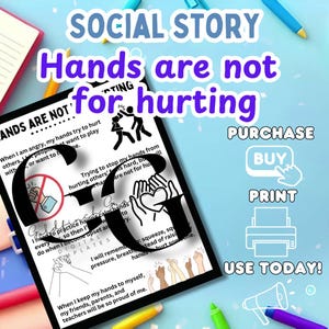 Op de afbeelding: Een sociale verhaalposter, "Handen zijn er niet om te kwetsen", met tekst en illustraties. De afbeelding bevat de woorden "Kopen", "Kopen", "Afdrukken" en "Vandaag gebruiken!", ontworpen voor educatieve doeleinden.