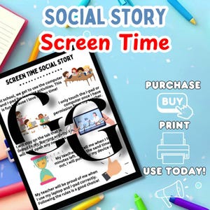 Op de afbeelding: Een digitale sociale story getiteld "Schermtijd" met tekst en illustraties over het gebruik van computers en iPads. De afbeelding bevat de woorden "Kopen", "Afdrukken" en "Gebruik vandaag!"