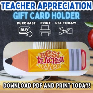 Teacher Thank You Printable Gift Card Holder Pencil, Gift for Teacher, Gift Card Holder, Teacher Gift shaped like pencil