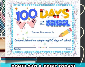 100 Days Certificate Printable PDF, 100 Days of School, Printable certificate, Printable 100 Days of School Certificate