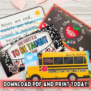 Peut inclure: Cartes de Saint-Valentin imprimables avec un bus scolaire, une pomme et un tableau noir avec des cœurs. Les cartes ont des espaces à remplir pour "À" et "De".