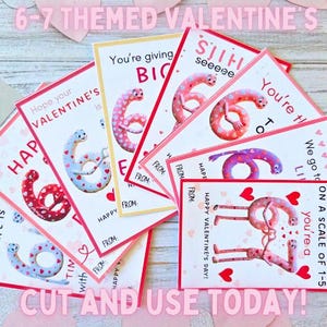 May include: A collection of Valentine's Day cards with the number 6 and 7 themes. The cards feature colorful illustrations of the number 6 with heart accents and various messages. The text "CUT AND USE TODAY!" is also visible.