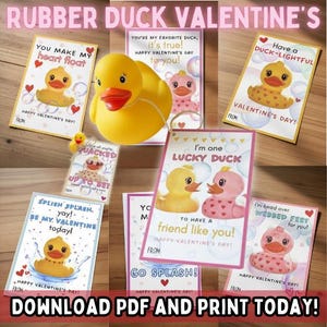 Könnte beinhalten: Eine Sammlung von Valentinstagskarten und eine Quietscheente. Die Karten zeigen Cartoon-Gummienten mit Sätzen wie "You make my heart float" und "I'm one lucky duck". Das Bild enthält auch den Text "Download PDF and Print Today!"