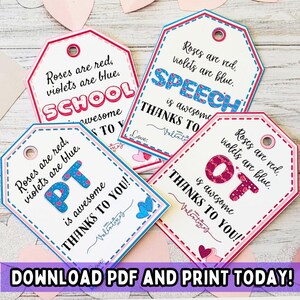 Afdrukbare tags therapeut Valentijnsdag pdf, spraak, OT, PT, leraar, assistent valentijntags, valentijntags voor ondersteunend personeel school