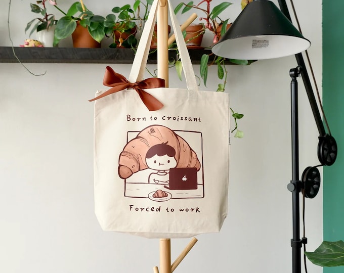 Croissant Tote Bag| 100% organic cotton tote bag with ribbon