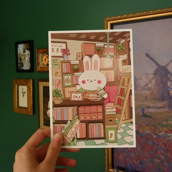 Cute bunny bookstore art print | 5"X7" hand drawn illustration, cozy art print, cute art