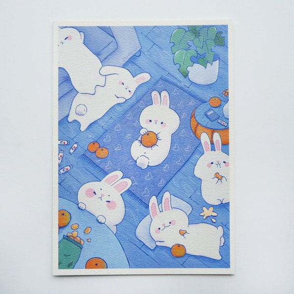 Living room bunnies - art print | 5"X7" hand drawn illustration, cozy art print, cute art