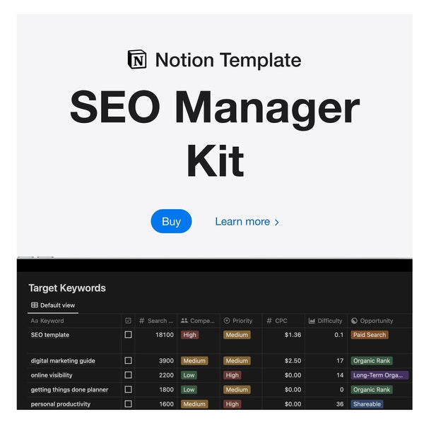 Notion Template SEO Manager Kit, Blog Website Notion Planner, Content Manager for Content Creators, Keywords & Task Organization Template