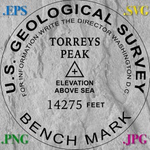 Torreys Peak Colorado 14er,  US Geological Survey Benchmark Image.  .svg, .eps and .png Digital Files Instant Download for USGS Bench Marks