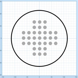 May include: A grey arrow shape made up of small circles inside a black circle on a white grid background.