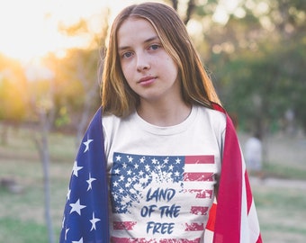 Land of the Free Youth Short Sleeve Tee | Patriotic Independence Day Shirt | American Flag Design | Red, White, and Blue Tee